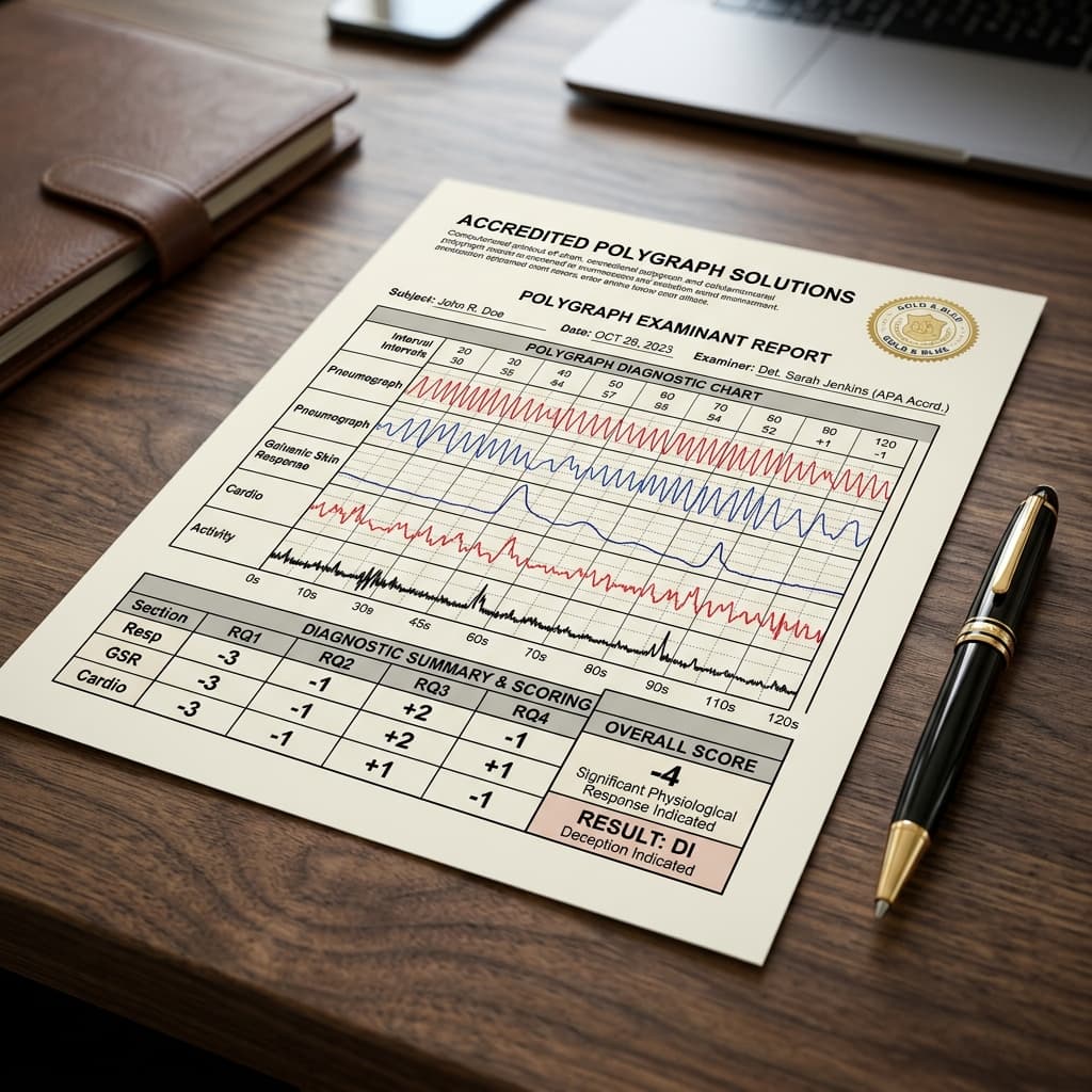 Official accredited polygraph testing Calgary diagnostic report with objective numerical chart scoring
