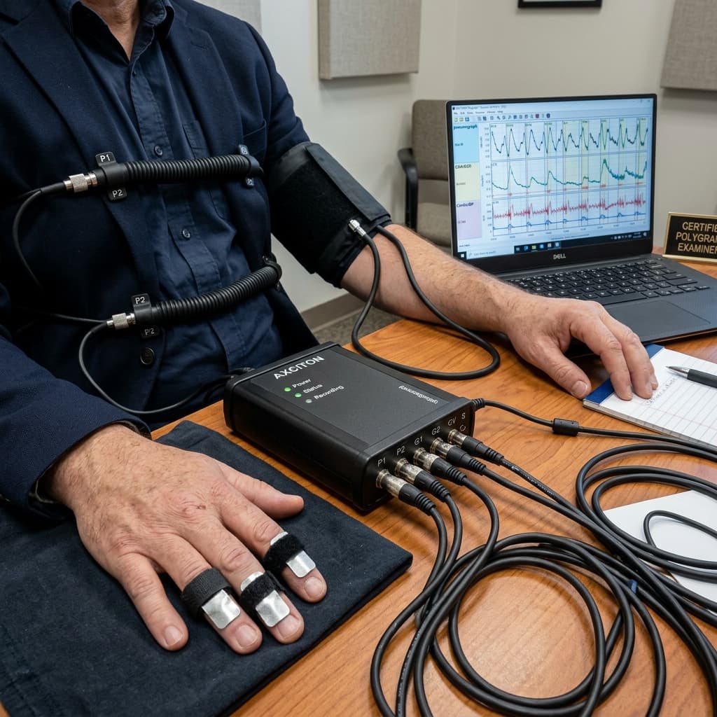 Multi-channel biometric sensors used during a certified polygraph test Calgary session