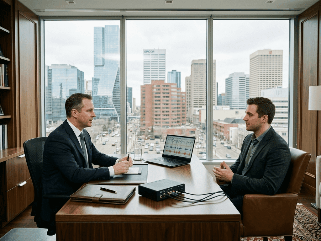 Confidential Lie Detector Test Edmonton Pre-Examination Consultation Certified examiner conducting a lie detector test edmonton in private professional office