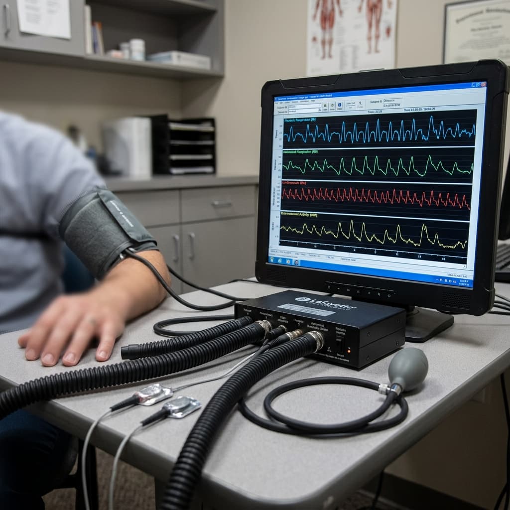 Multi-Channel Polygraph Sensors and Biometric Data Computerized polygraph sensors and physiological biometric chart recordings